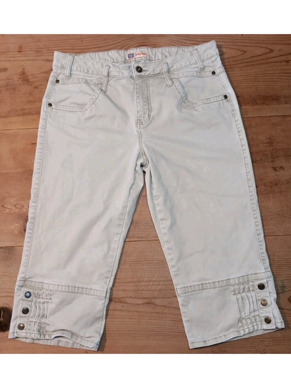 Vtg Faded Glory Stretch Capri Pants Womens 10 Khaki Tan Pleated Snap Accent Leg